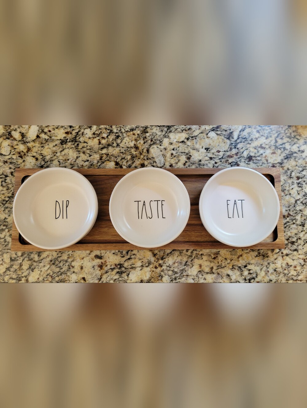 Rae Dunn Ceramic 'Dip Taste Eat' Trio Serving Bowls with Wooden Tray